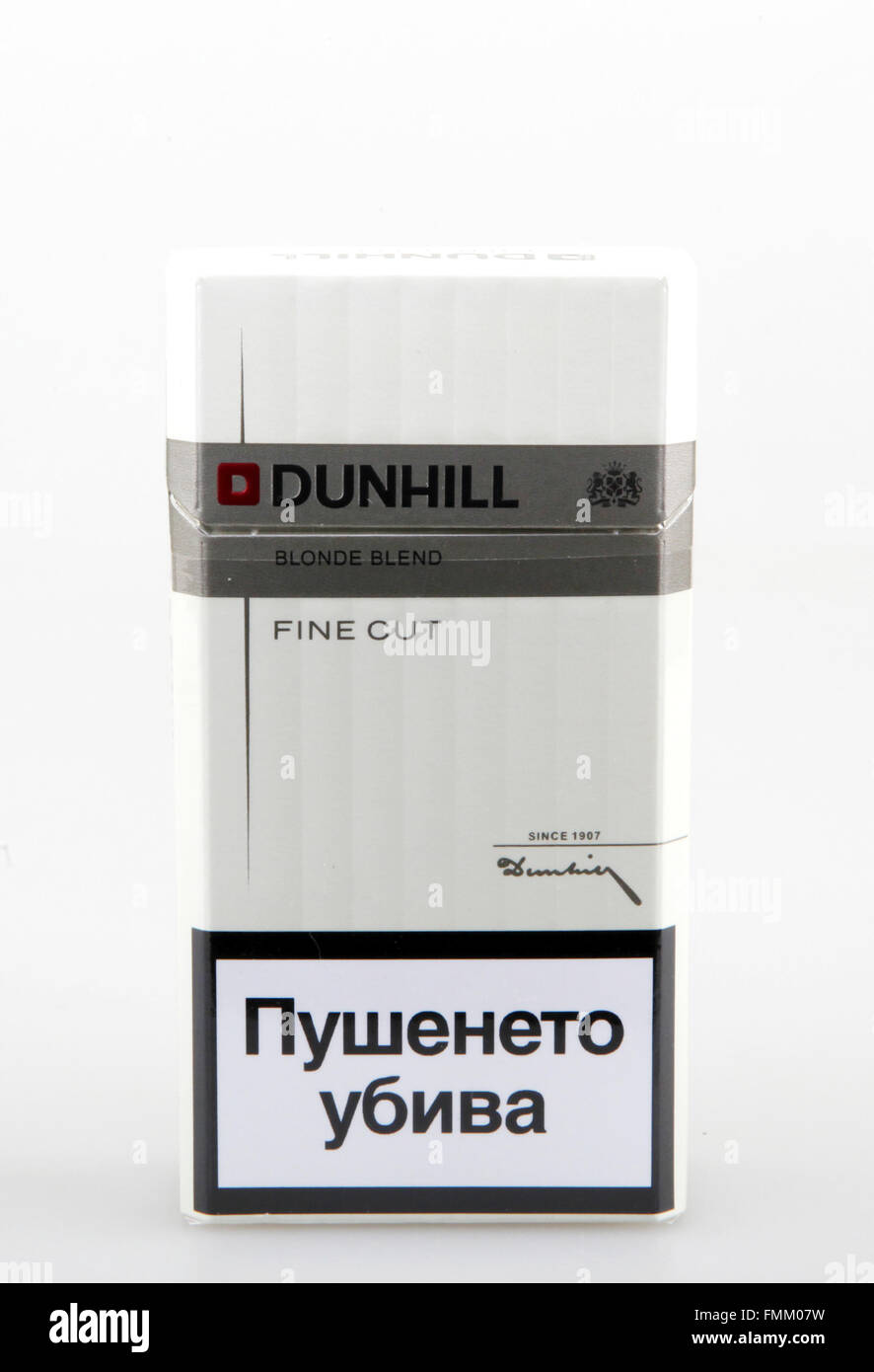 AYTOS, BULGARIA - MARCH 12, 2016: Dunhill Cigarettes Isolated On White. Dunhill cigarettes are a luxury brand of cigarettes made Stock Photo