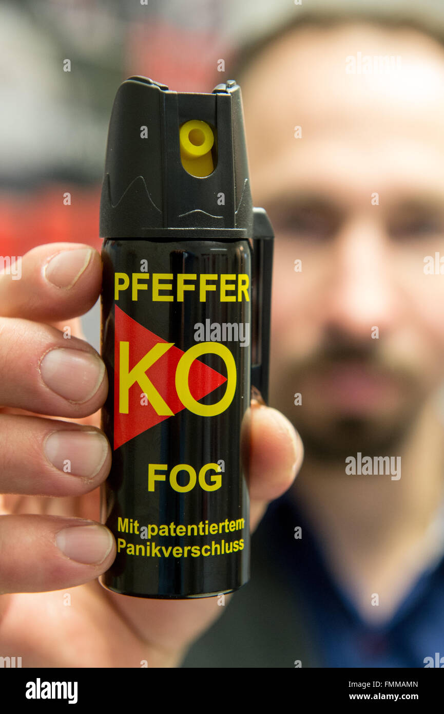 Aham, Germany. 2nd Mar, 2016. Andreas Zettler, CEO of the company Ballistol,  presenting their pepperspray in Aham, Germany, 2 March 2016. The defence  spray producer can hardly handle the rising demand. Photo:
