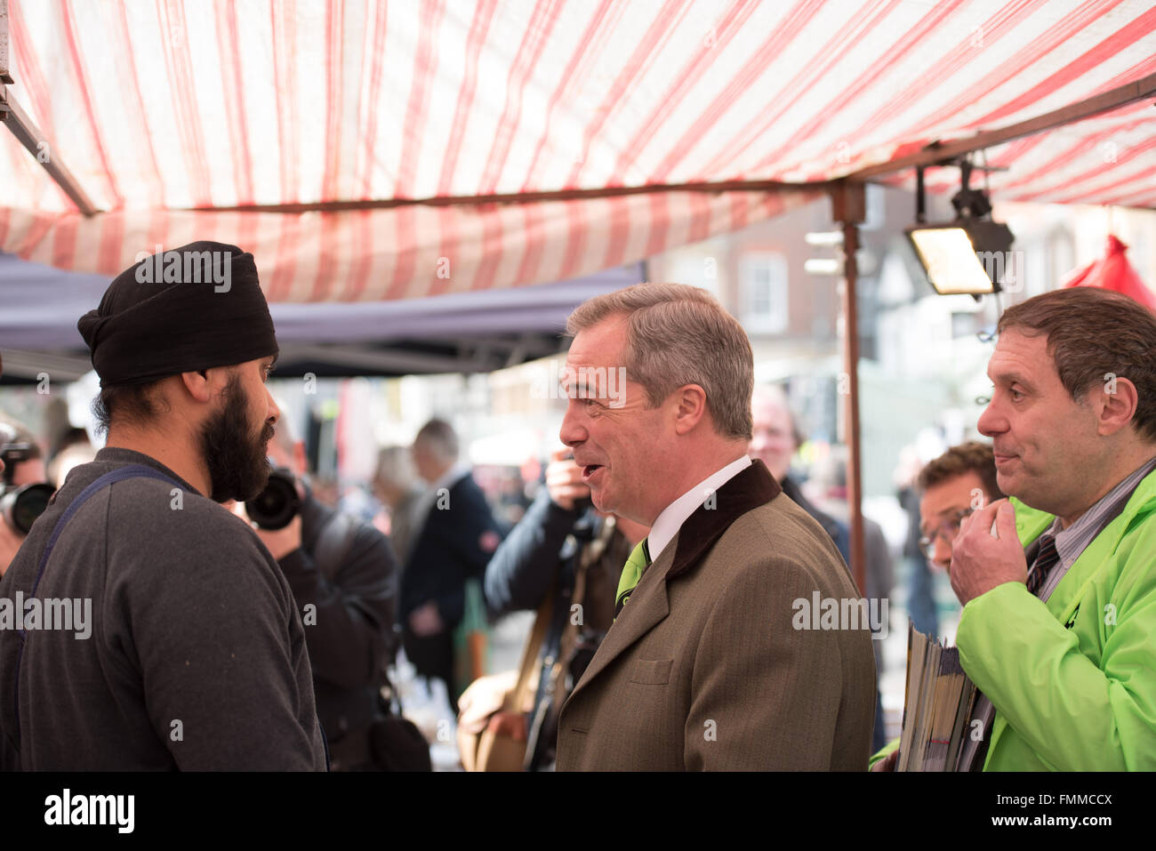 Romford, Essex, 12th March 2016, Nigel Farage MEP, Leader of UKIP campaigning in Romford, Essex on market day, with Andrew Rosindell MP in support of the UK withdrawal from the European Union. Credit:  Ian Davidson/Alamy Live News Stock Photo