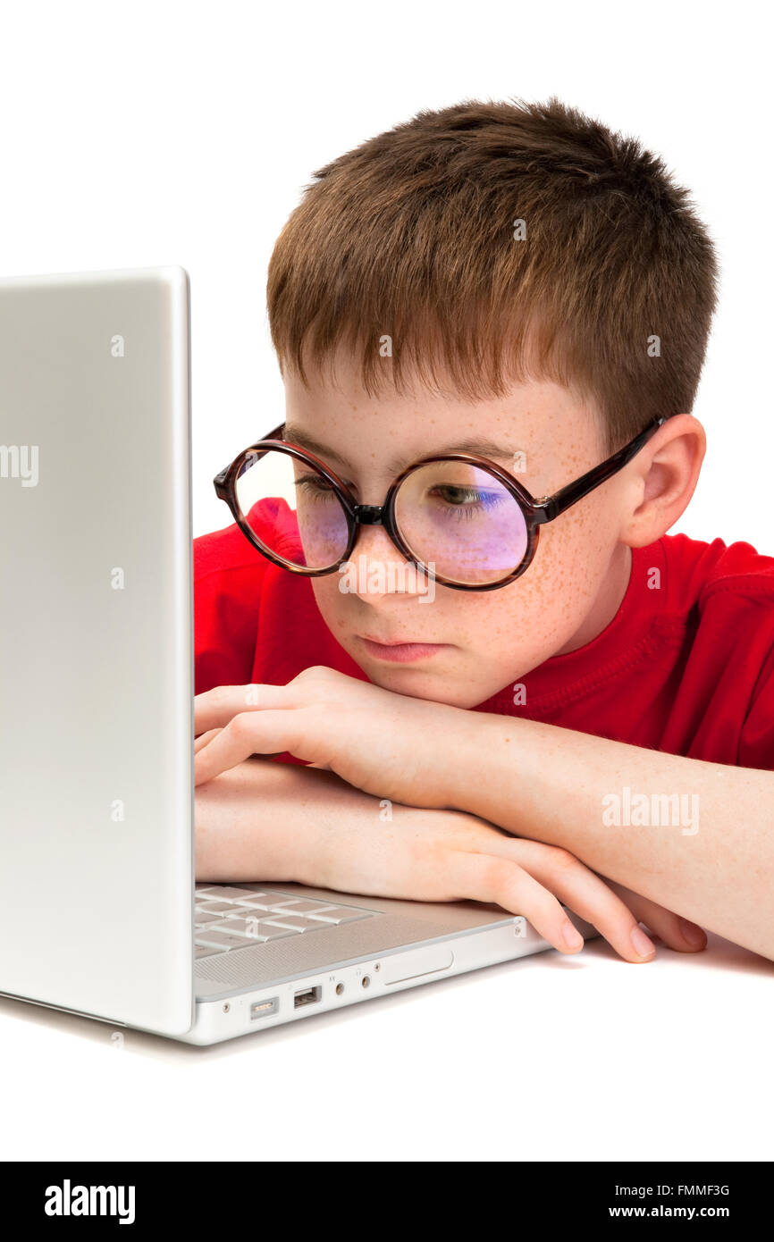 boy with a laptop on a white background Stock Photo - Alamy