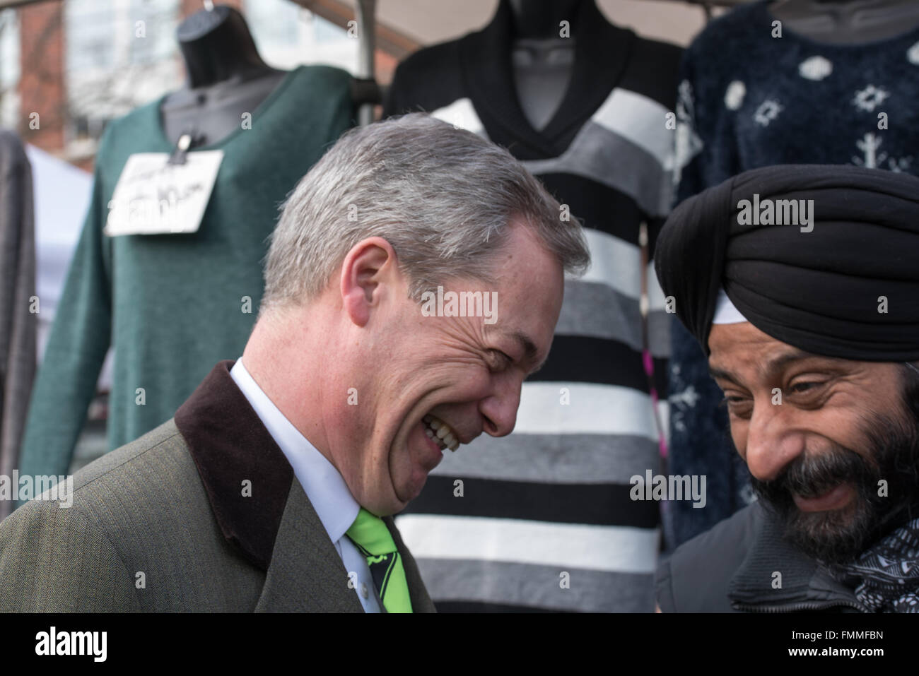Romford, Essex, 12th March 2016, Nigel Farage MEP, Leader of UKIP campaigning in Romford, Essex on market day, with Andrew Rosindell MP in support of the UK withdrawal from the European Union. Credit:  Ian Davidson/Alamy Live News Stock Photo