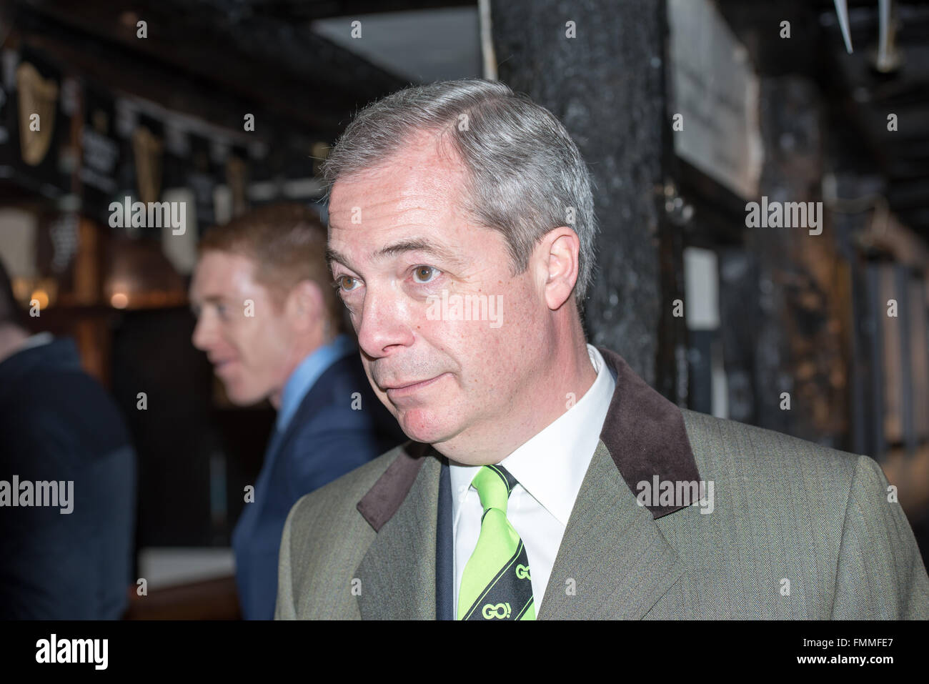 Romford, Essex, 12th March 2016, Nigel Farage MEP, Leader of UKIP campainging in Romford, Essex Credit:  Ian Davidson/Alamy Live News Stock Photo