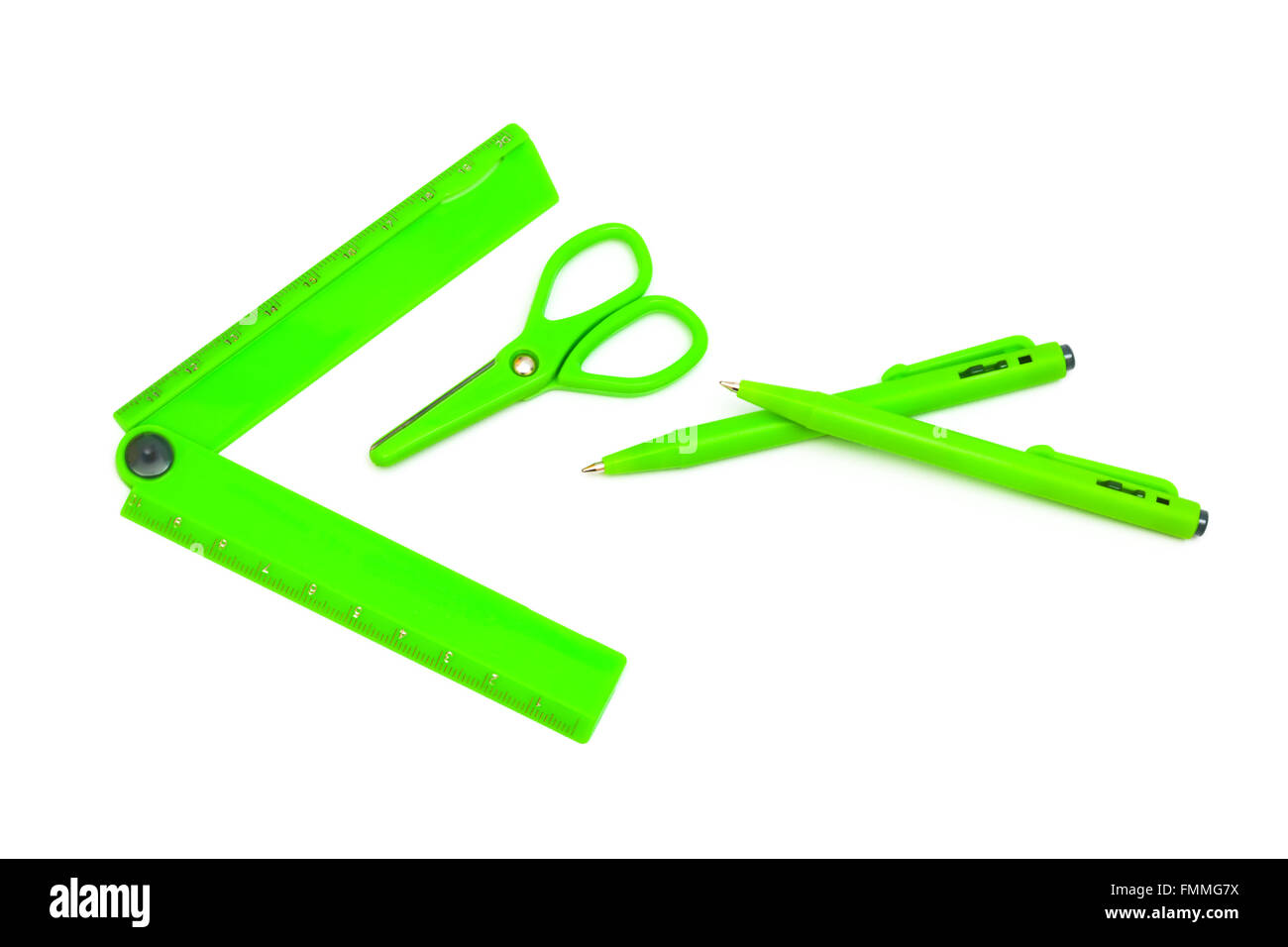 new green office supplies on white background Stock Photo Alamy