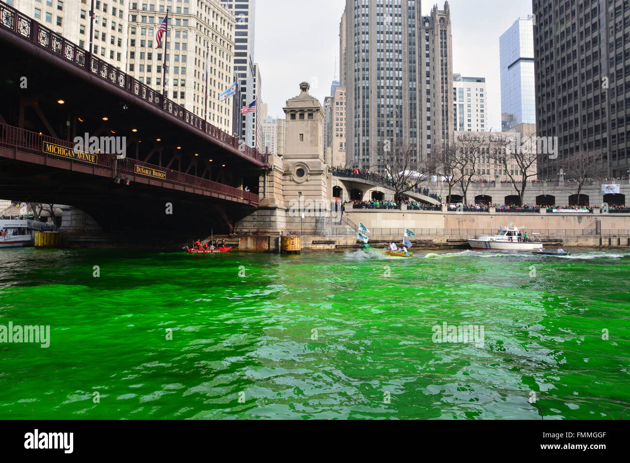 The Plumbers Union annually dyes the Chicago River green for St. Patrick's Day, March 12, 2016 Stock Photo