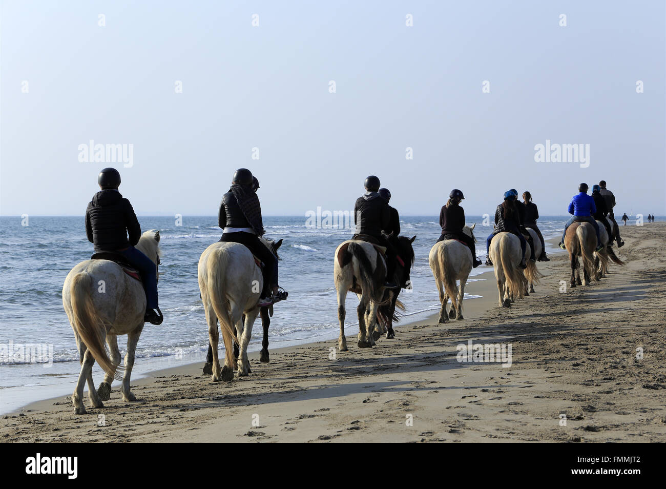 Le Grau Du Roi, Languedoc-Roussillon, France. 12th March 2016. Horseback riding on the beach Espiguette in the Camargue Gard. Credit:  Digitalman/Alamy Live News Stock Photo