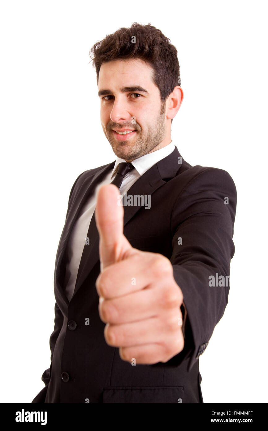 young business man thumbs up. Isolated on white. Stock Photo