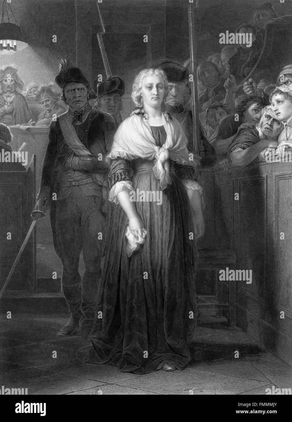 'Marie Antoinette au Tribunal Révolutionnaire', engraving by Alphonse François, from a painting by Paul Delaroche, 1857. The picture depicts Marie Antoinette, Queen of France and wife of King Louis XVI, at the revolutionary tribunal in October 1793 where she was condemned to death. Stock Photo
