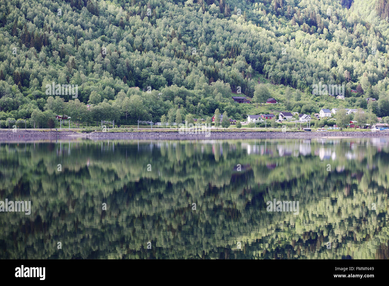 Mountain forest with reflection in water of Hardanger fjord, Norway Stock Photo