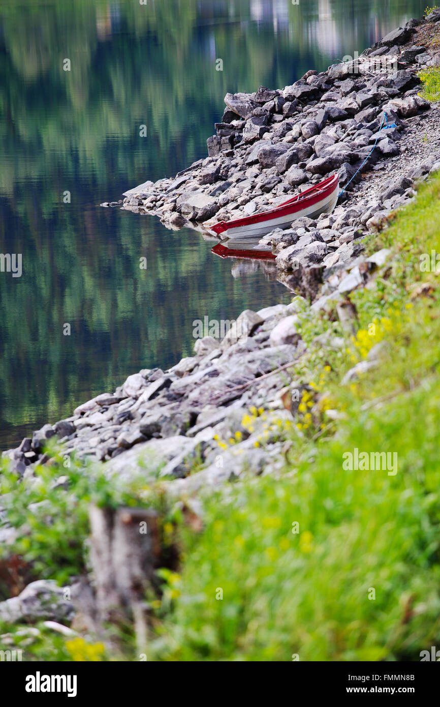 Summer Norway landscape with shore of fjord and mountain forest Stock Photo