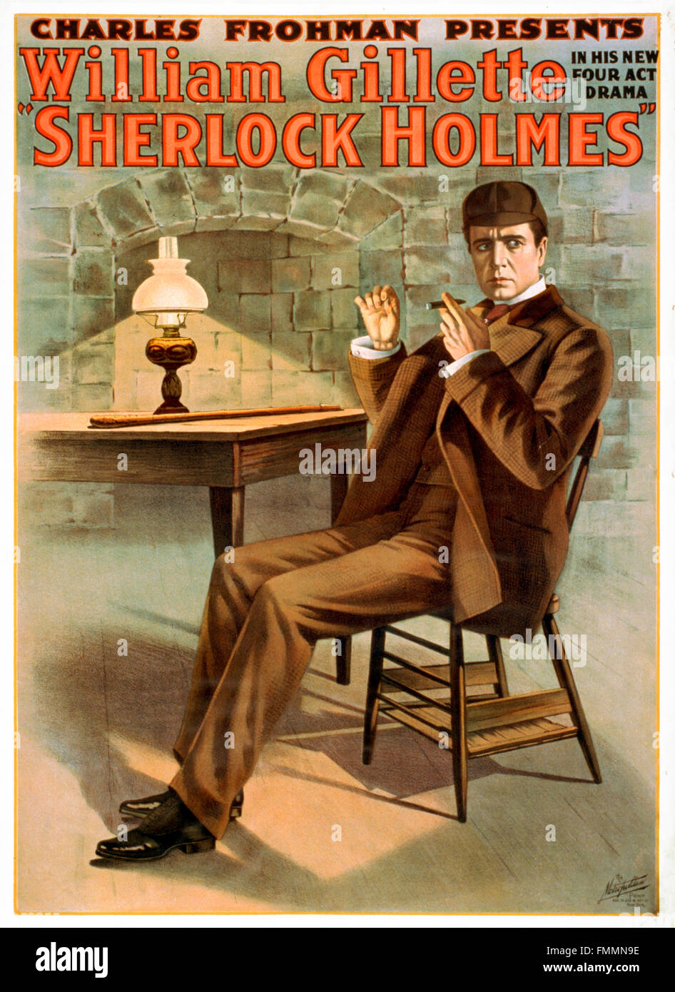 Sherlock Holmes. Poster from 1900 advertising the actor William Gillette playing Sherlock Holmes in a four act play based on the character. Stock Photo