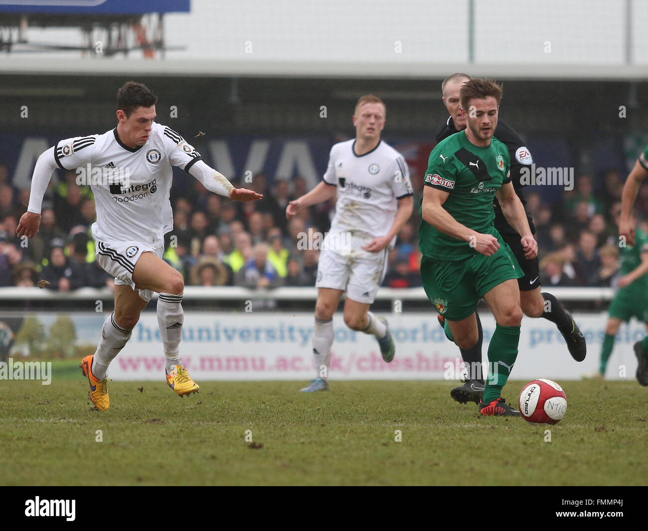 Nantwich, Cheshire. UK. 12th March, 2016. Nantwich Town lost 4-2 at home to FC Halifax Town in front of a crowd of 2078 in the FA Trophy Semi-Final 1st leg. Nantwich Town's Josh Hancock on the ball. Credit:  Simon Newbury/Alamy Live News Stock Photo