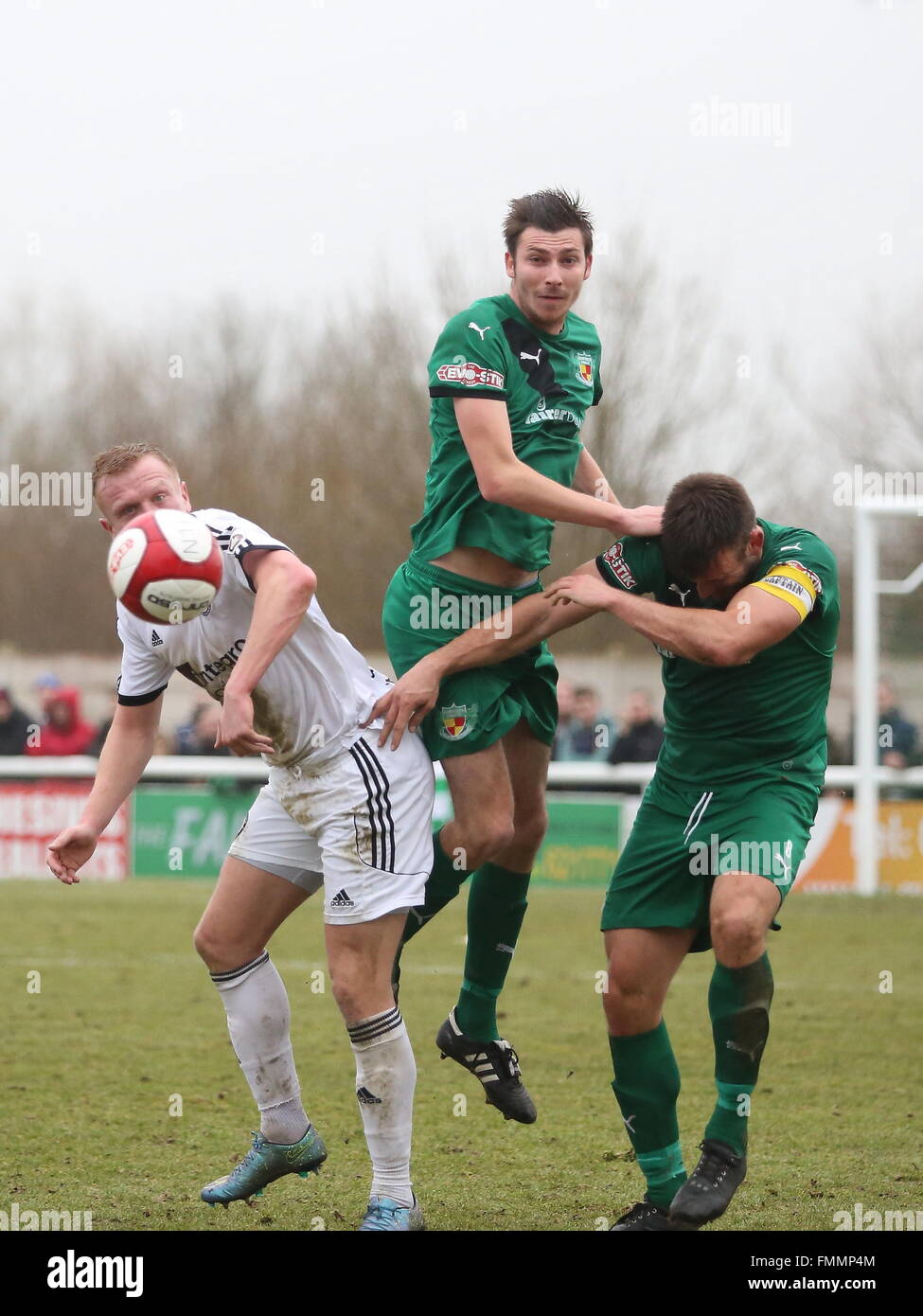 Nantwich, Cheshire. UK. 12th March, 2016. Nantwich Town lost 4-2 at home to FC Halifax Town in front of a crowd of 2078 in the FA Trophy Semi-Final 1st leg. Nantwich Town's Ben Harrison and captain Sam Hall in action. Credit:  Simon Newbury/Alamy Live News Stock Photo