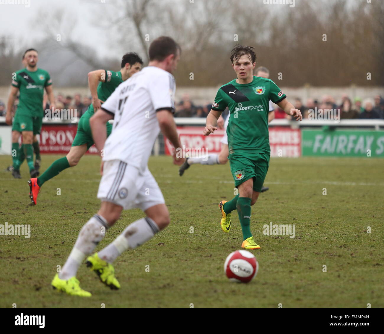 Nantwich, Cheshire. UK. 12th March, 2016. Nantwich Town lost 4-2 at home to FC Halifax Town in front of a crowd of 2078 in the FA Trophy Semi-Final 1st leg. Nantwich Town's Sean Cooke in action. Credit:  Simon Newbury/Alamy Live News Stock Photo