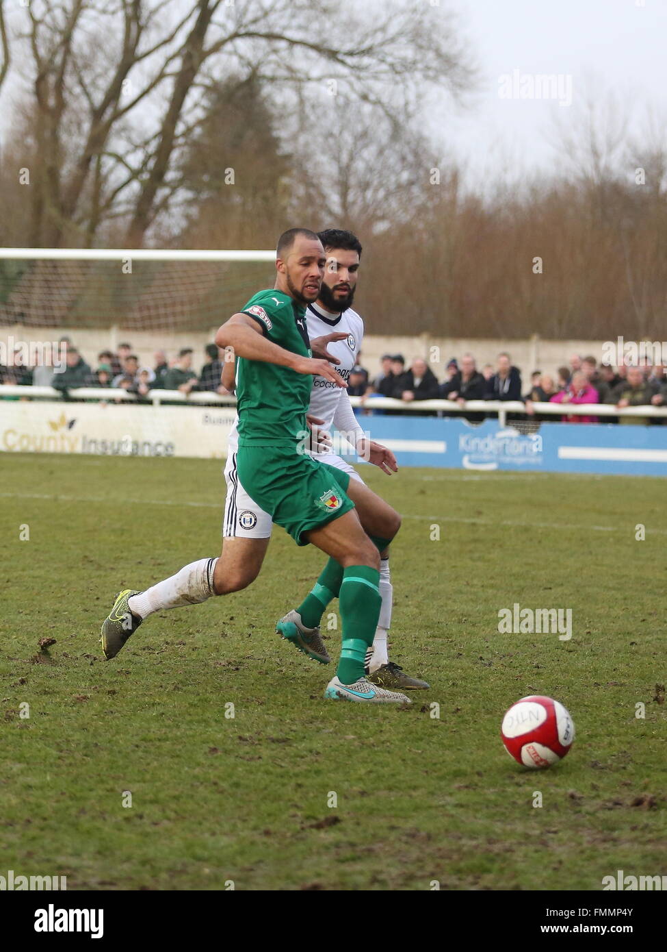 Nantwich, Cheshire. UK. 12th March, 2016. Nantwich Town lost 4-2 at home to FC Halifax Town in front of a crowd of 2078 in the FA Trophy Semi-Final 1st leg. Liam Shotton shields the ball. Credit:  Simon Newbury/Alamy Live News Stock Photo