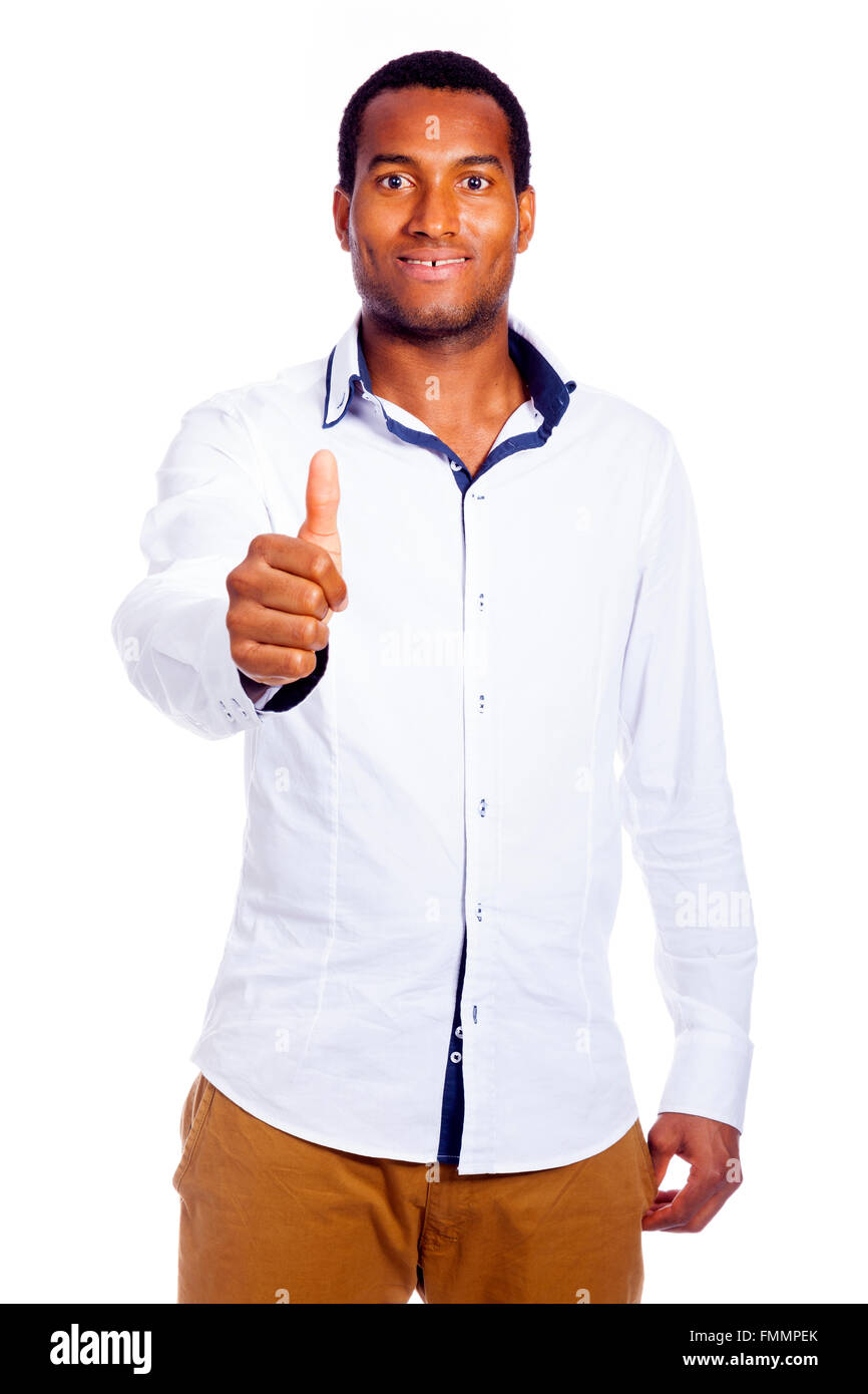 Handsome man holds his thumbs up, isolated on white Stock Photo - Alamy