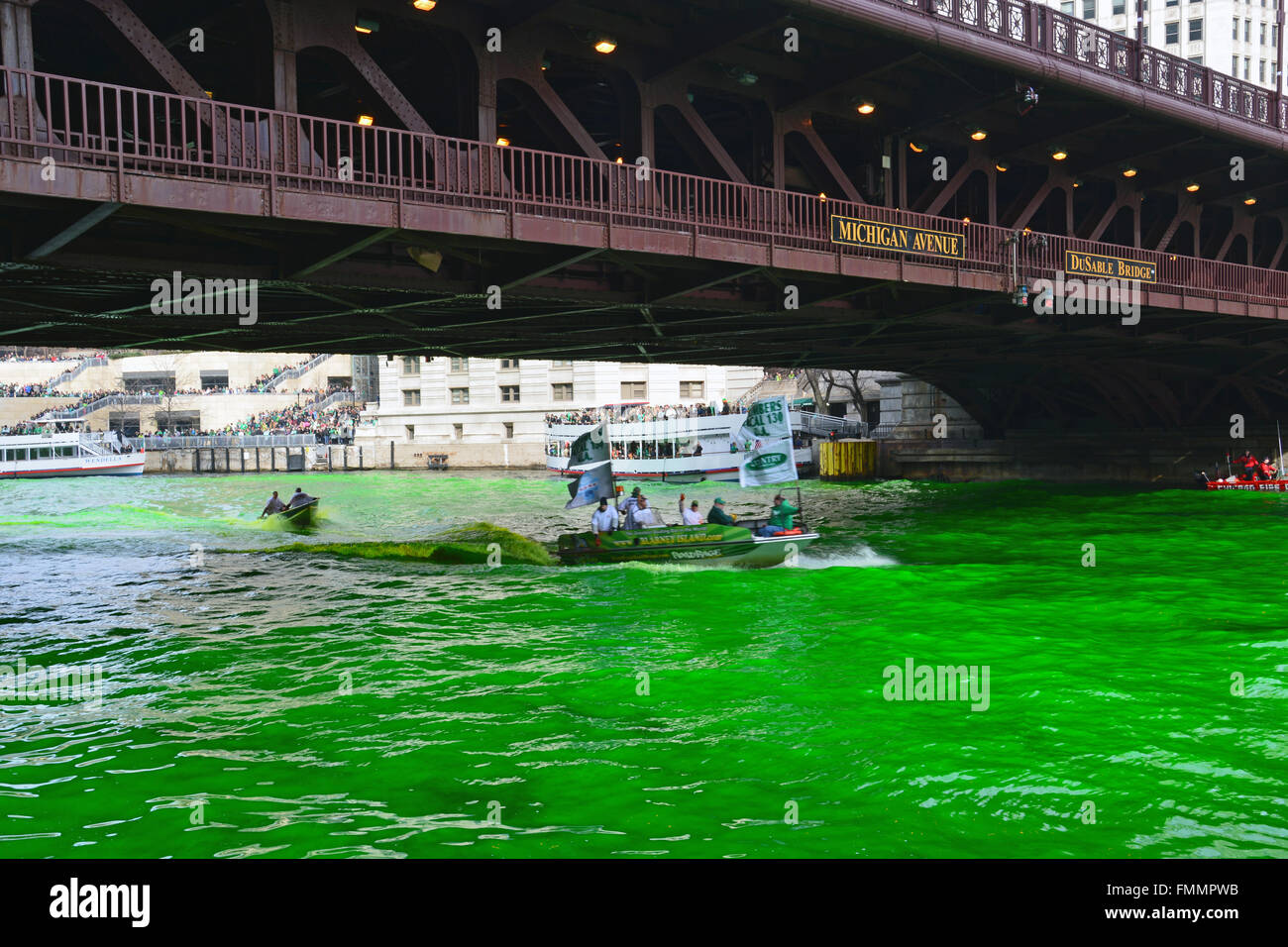 The Plumbers Union annually dyes the Chicago River green for St. Patrick's Day, March 12, 2016 Stock Photo