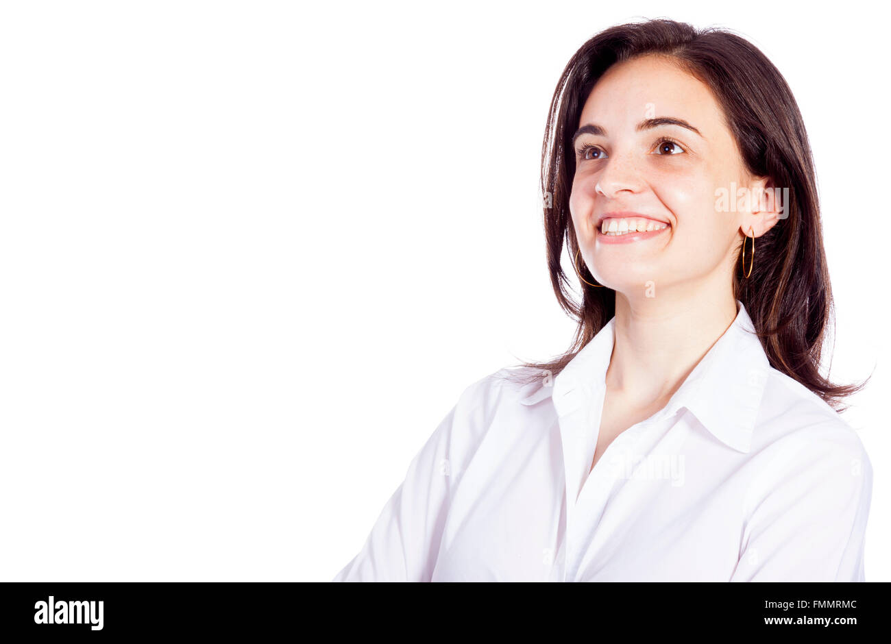 Beautiful young woman looking up - isolated over white Stock Photo - Alamy