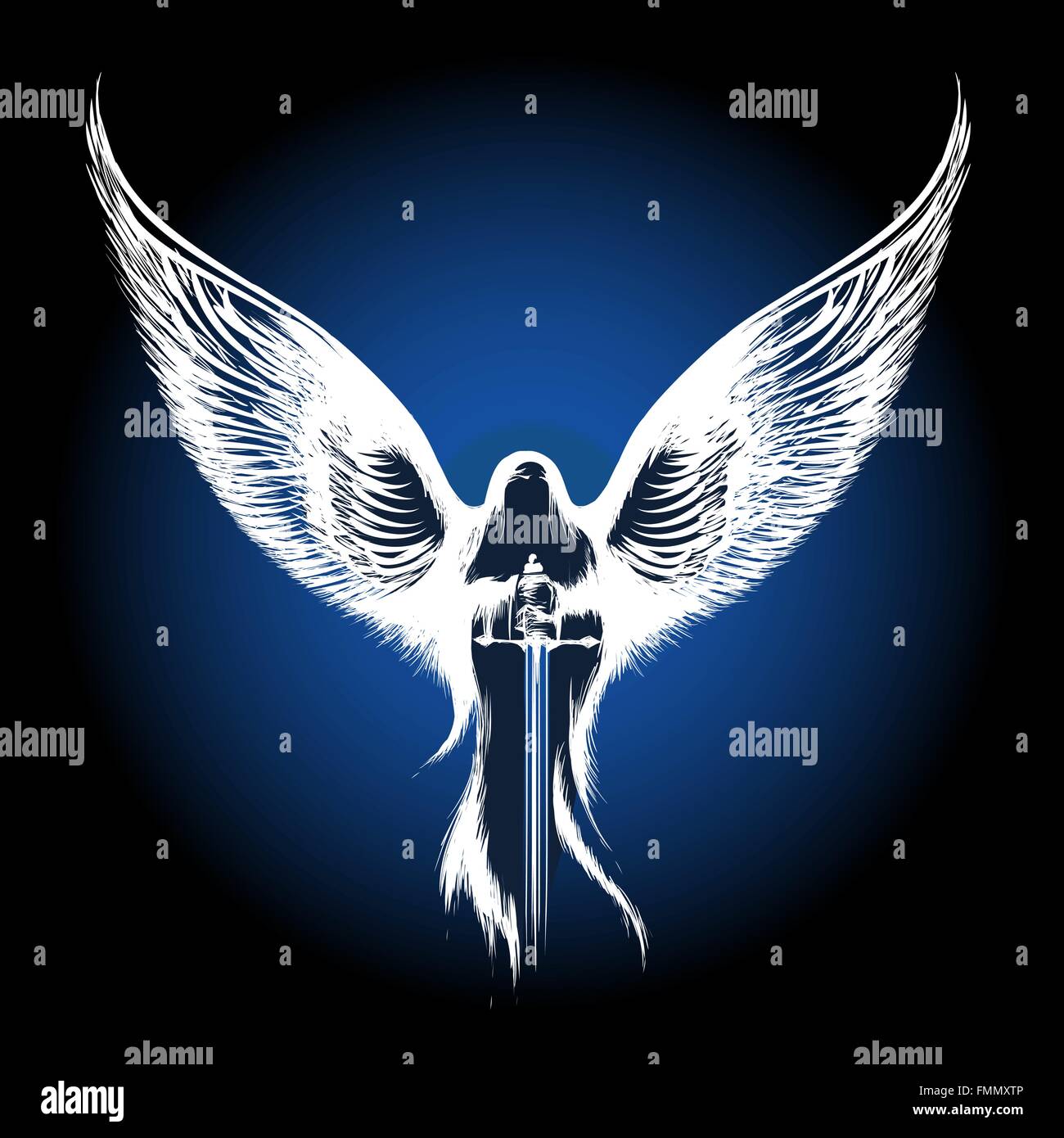 Angel with sword against dark blue background. illustration in sketch style. Stock Vector