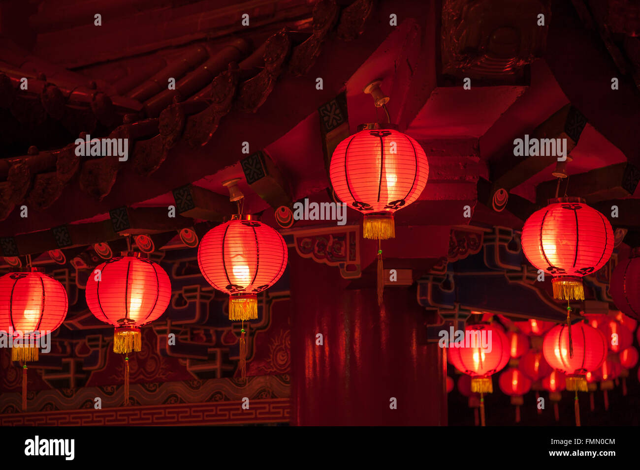 Red lanterns hanging in rows during chinese lunar new year at Thean Hou ...