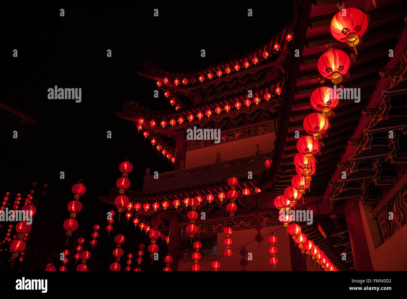 Red lanterns hanging in rows during chinese lunar new year at Thean Hou ...
