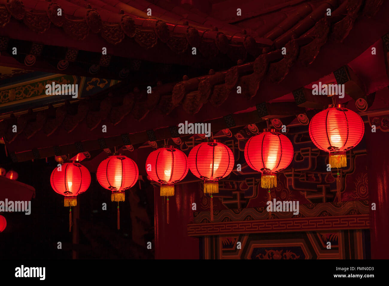 Red lanterns hanging in rows during chinese lunar new year at Thean Hou ...