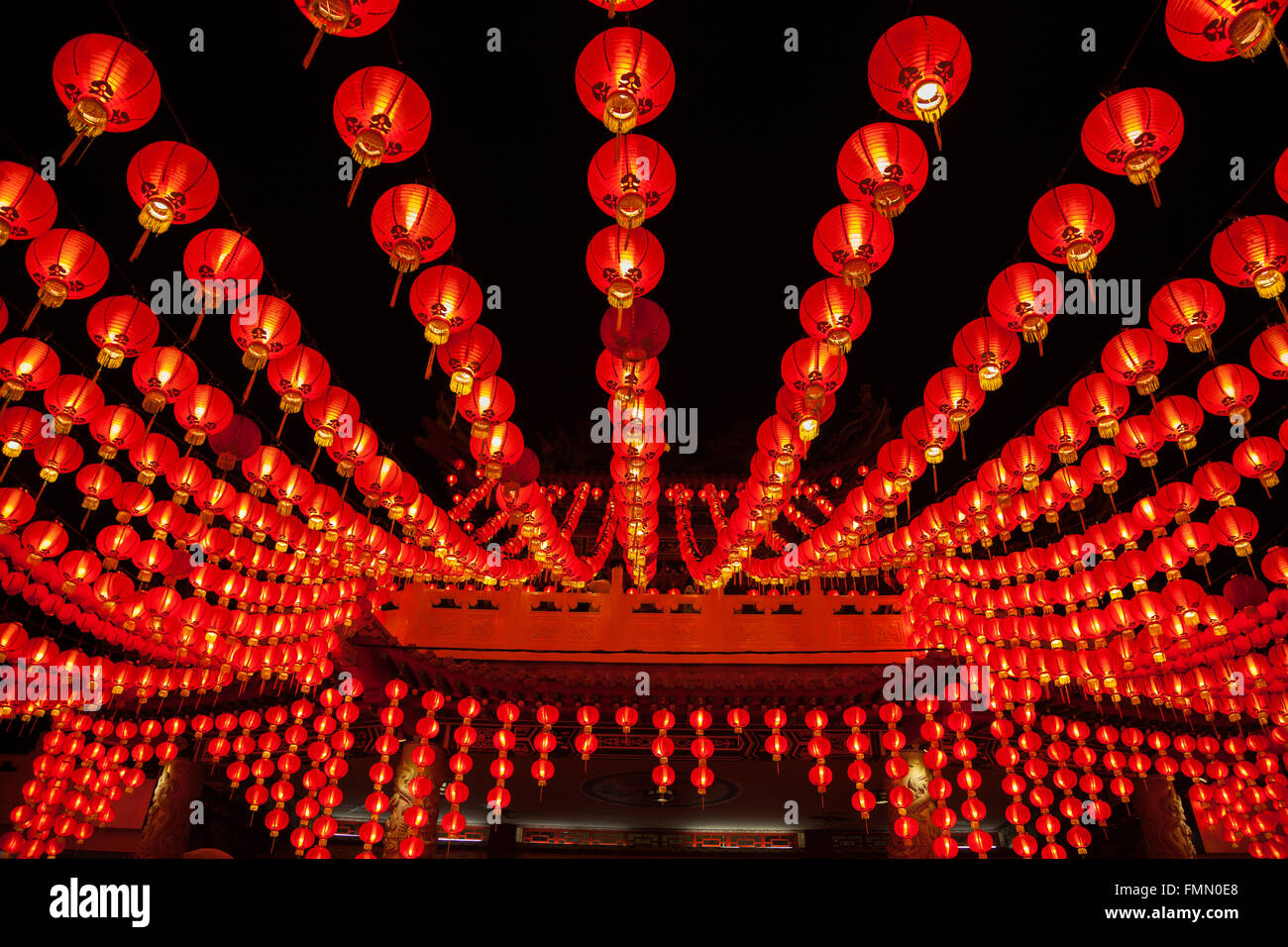 Red lanterns hanging in rows during chinese lunar new year at Thean Hou ...