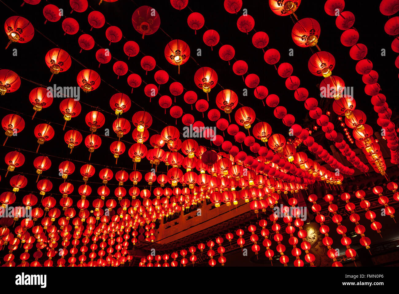 Red lanterns hanging in rows during chinese lunar new year at Thean Hou ...