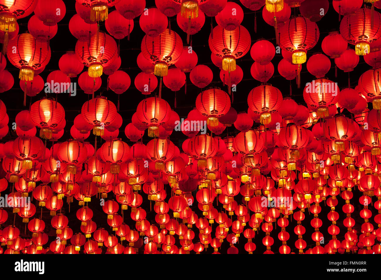 Red lanterns hanging in rows during chinese lunar new year at Thean Hou ...