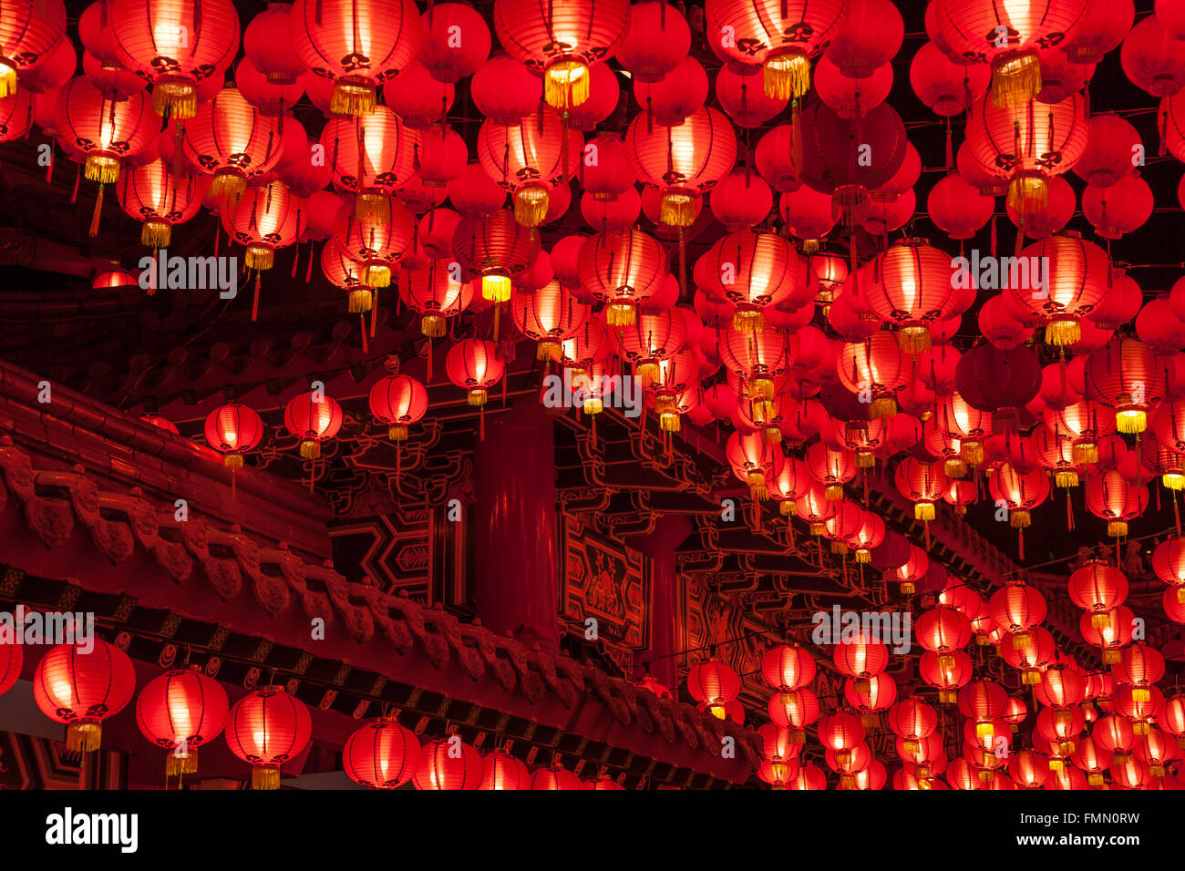 Red lanterns hanging in rows during chinese lunar new year at Thean Hou ...