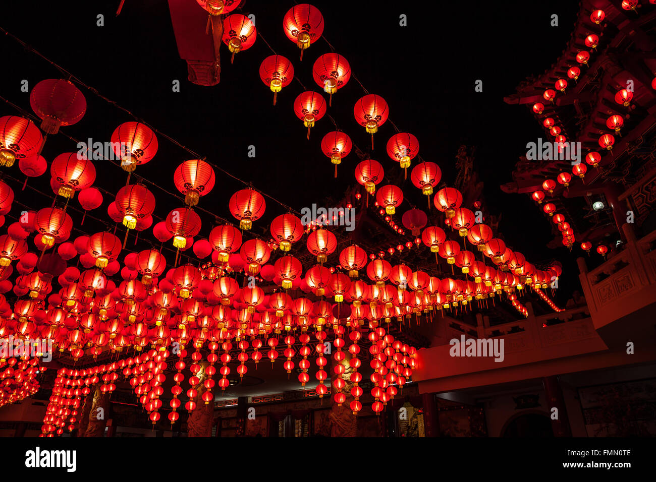 Red lanterns hanging in rows during chinese lunar new year at Thean Hou ...