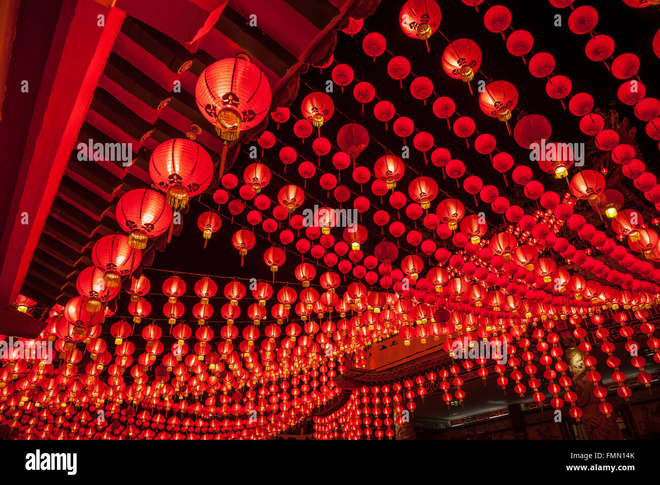 Red lanterns hanging in rows during chinese lunar new year at Thean Hou ...