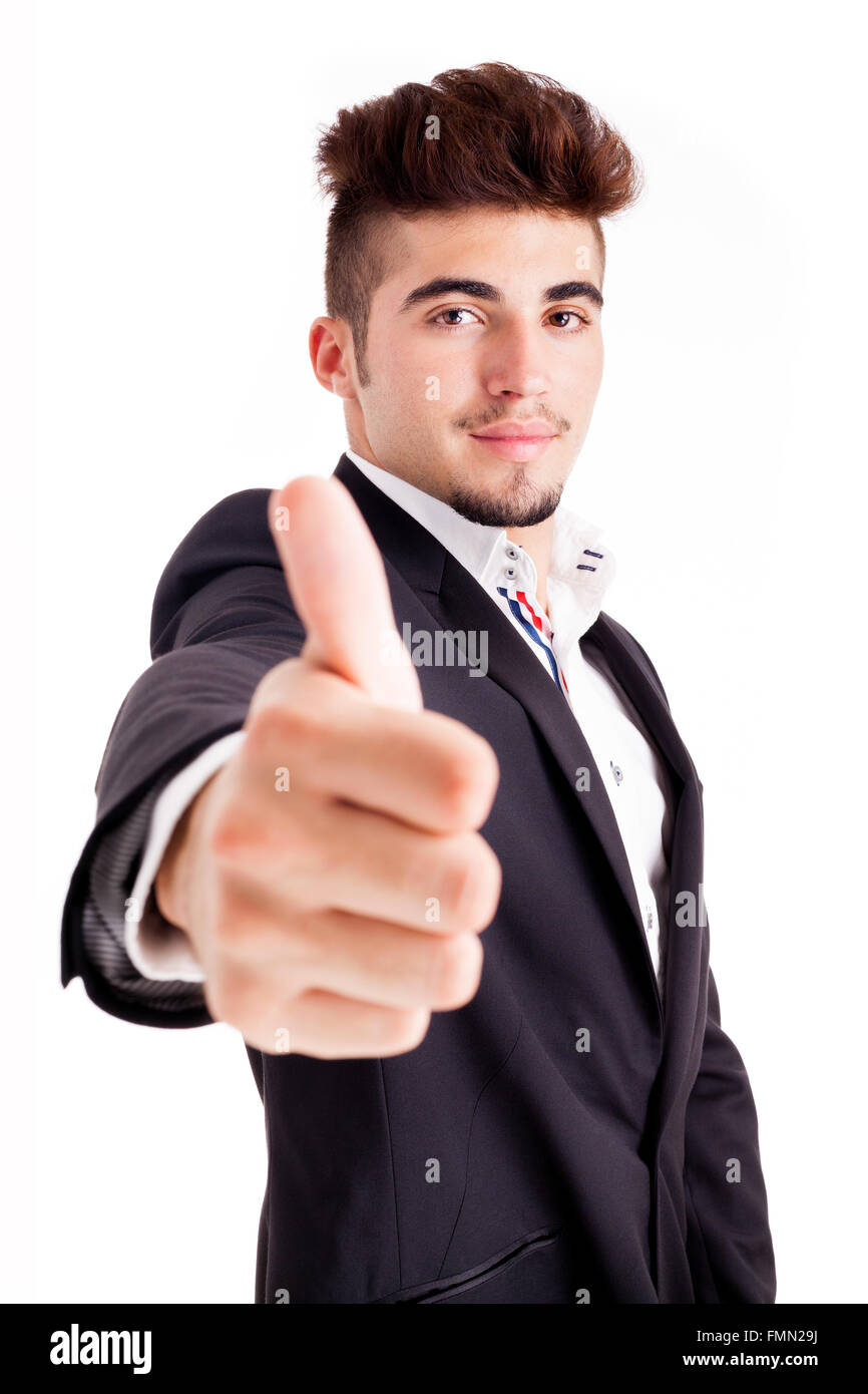 Young business man thumbs up, isolated on white Stock Photo