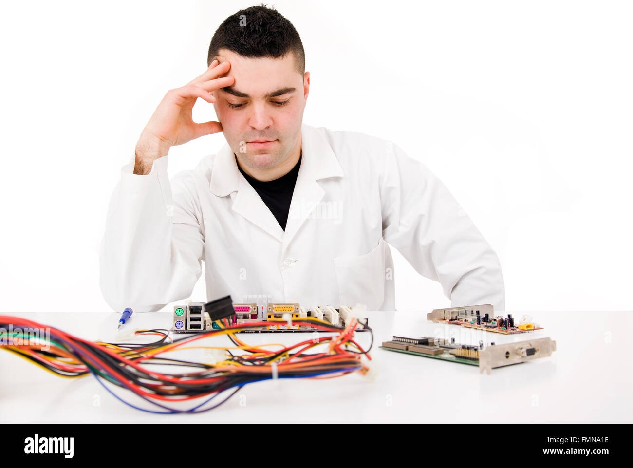 Computer Engineer thinking about how to solve the problem, isolated on ...