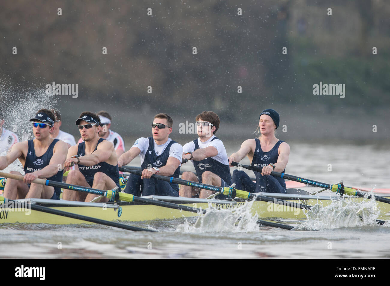 UK. 12th March, 2016. Boat Race Final Fixtures prior to the Boat Race.  Oxford University Boat Club v Leander.  OUBC:, B) Georgy McKirdy, 2) James White, 3) Morgan Gerlak, 4) Joshua Bugajski, 5) Leo Carrington, 6) Jørgen Tveit, 7) Jamie Cook, S) Nik Hazell, C) Sam Collier,  Leander:, B)  Chris Boddy, 2)  Tom Ford, 3)  Barney Stentiford, 4)  Adam Neill, 5)  Cameron Buchan, 6)  Phil Congdon, 7)  Tim Clarke, S)  George Rossiter, C)  Phelan Hill, Credit:  Duncan Grove/Alamy Live News Stock Photo