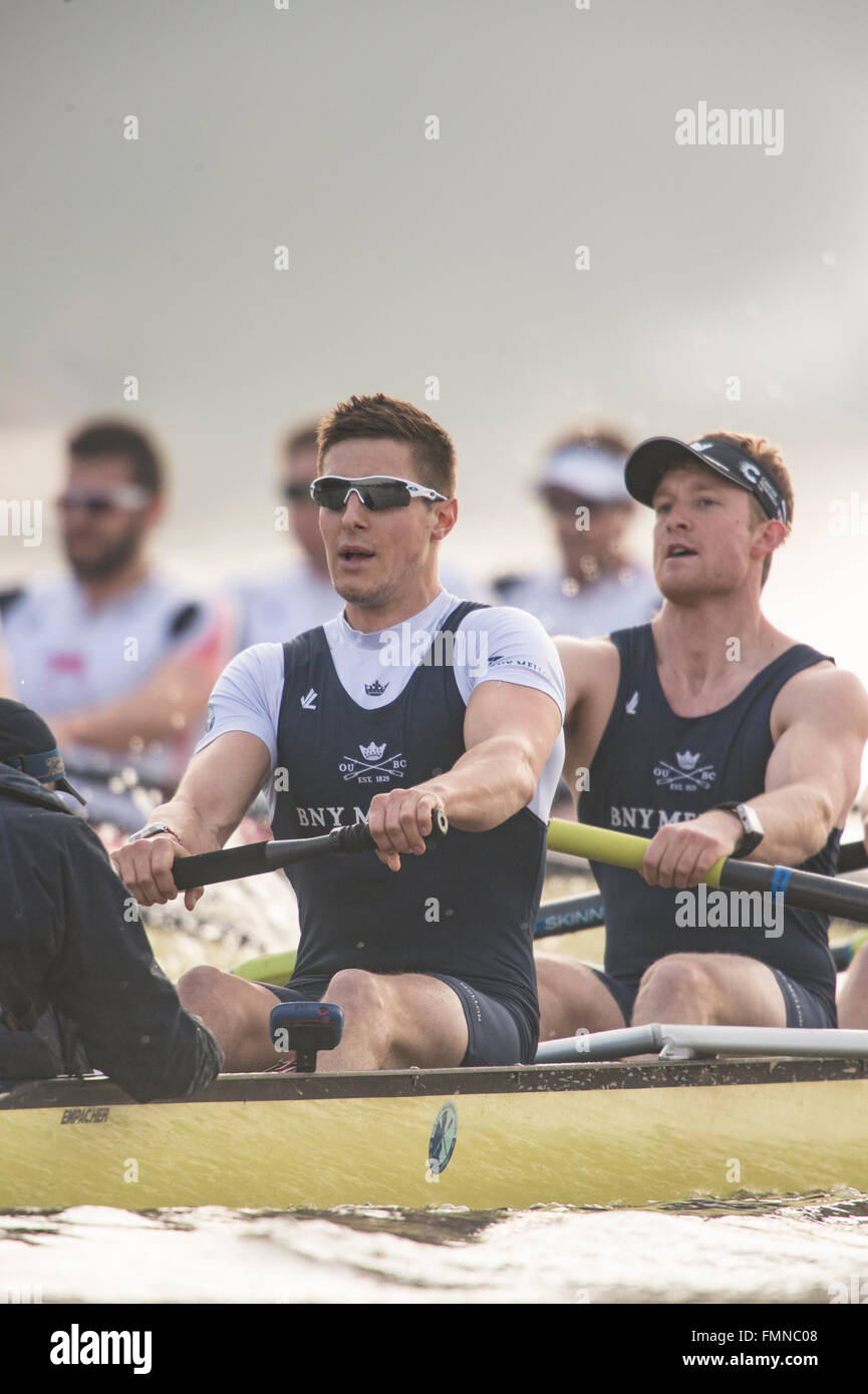 UK. 12th March, 2016. Boat Race Final Fixtures prior to the Boat Race.  Oxford University Boat Club v Leander.  OUBC:, B) Georgy McKirdy, 2) James White, 3) Morgan Gerlak, 4) Joshua Bugajski, 5) Leo Carrington, 6) Jørgen Tveit, 7) Jamie Cook, S) Nik Hazell, C) Sam Collier,  Leander:, B)  Chris Boddy, 2)  Tom Ford, 3)  Barney Stentiford, 4)  Adam Neill, 5)  Cameron Buchan, 6)  Phil Congdon, 7)  Tim Clarke, S)  George Rossiter, C)  Phelan Hill, Credit:  Duncan Grove/Alamy Live News Stock Photo