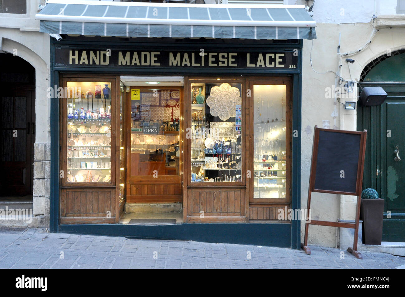 Local lace shop, Valletta, Malta Stock Photo