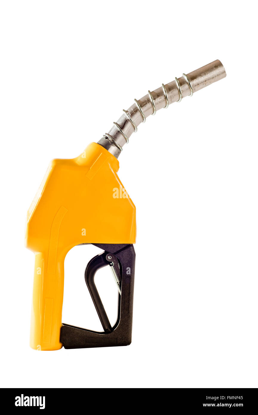 Yellow Gasoline Fuel Pump Nozzle Stock Photo