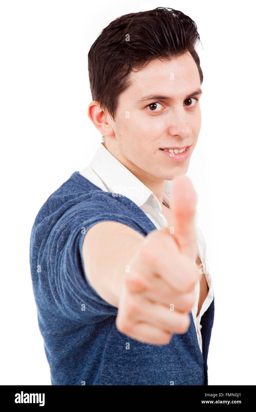 Happy young casual man thumbs up in a white background Stock Photo - Alamy