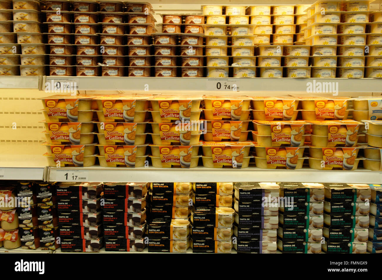 A selection of yoghurt's and desserts in a supermarket, Malaga, Spain