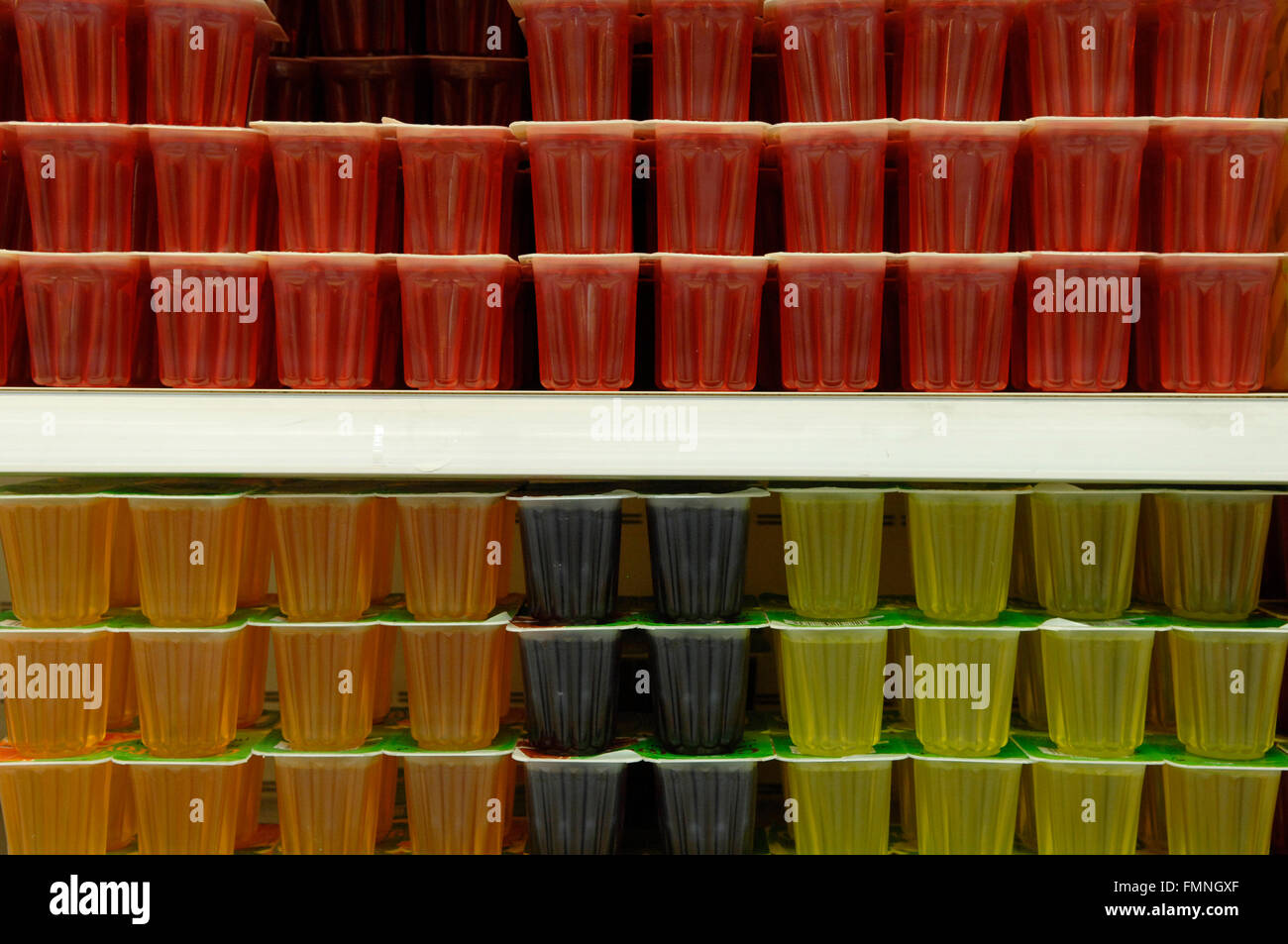 A close up image of a selection of jelly's on display in a supermarket Stock Photo