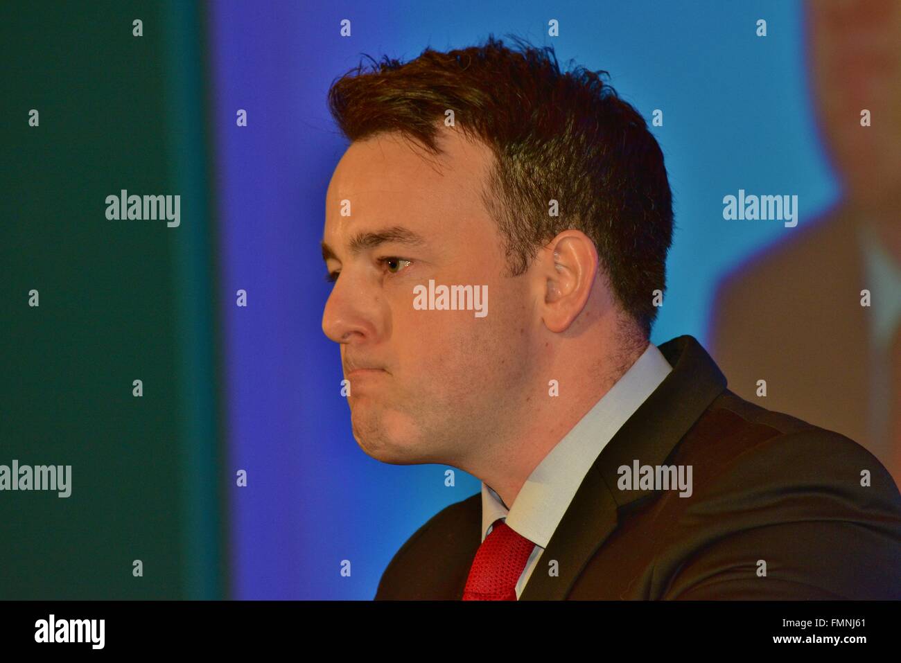 Derry, United Kingdom. 12th Mar, 2016. SDLP Leader Colum Eastwood MLA addresses the Annual Party Conference which is broadcast live on BBC. Credit:  Mark Winter/Pacific Press/Alamy Live News Stock Photo