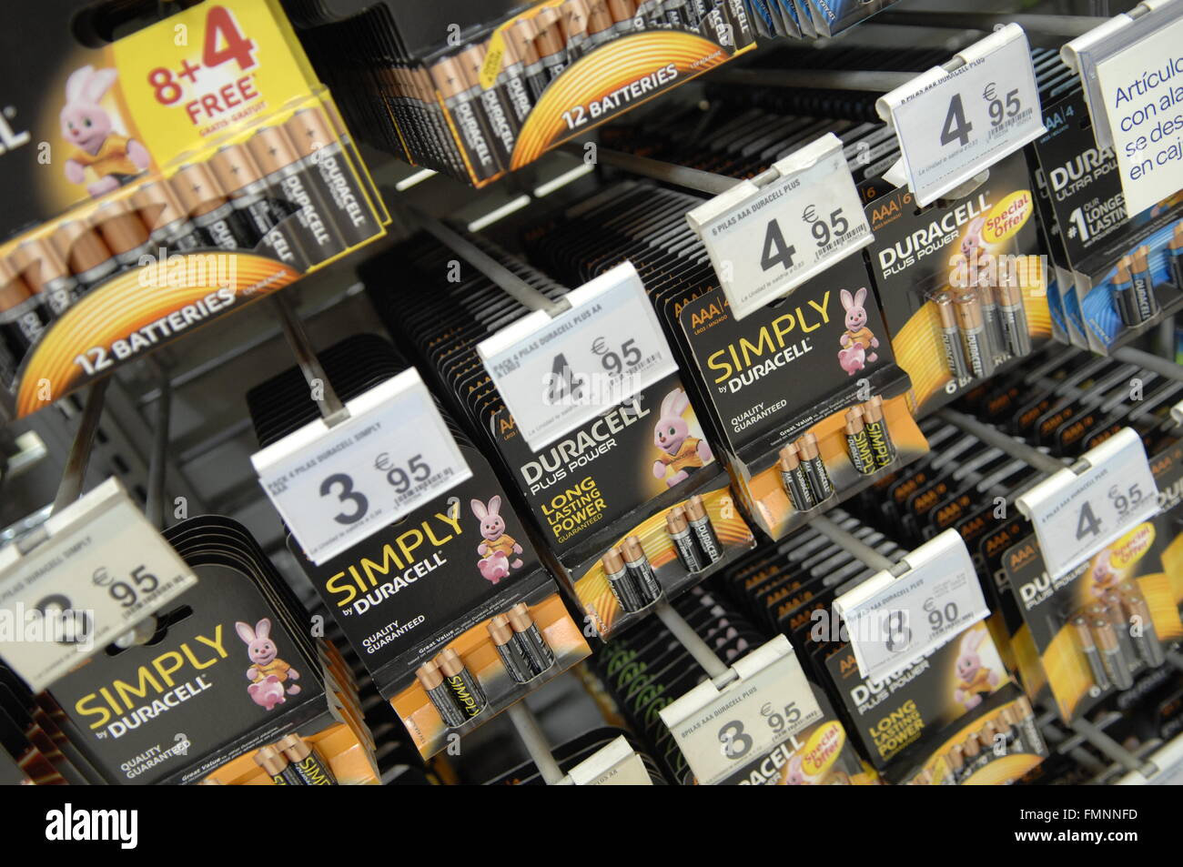 A close up image of Duracell batteries on display in a supermarket Stock Photo