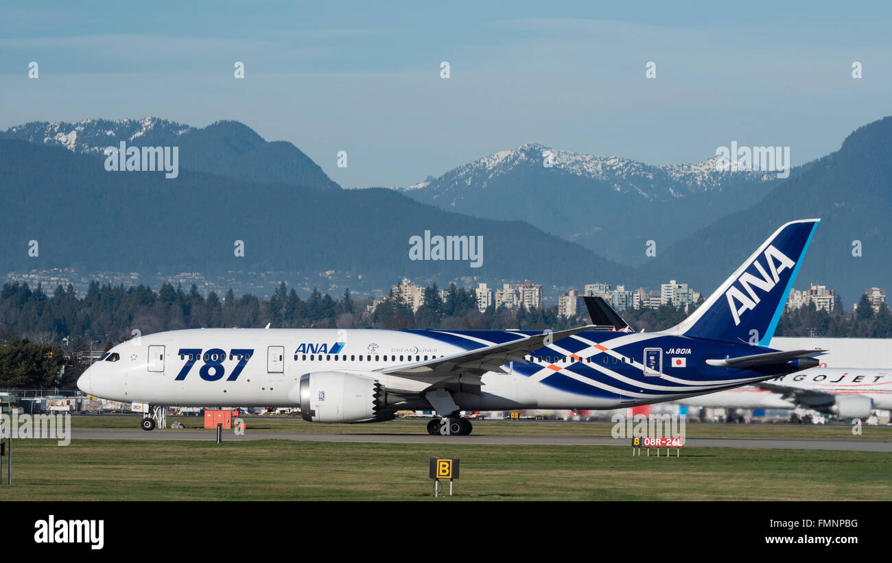All Nippon Airways ANA Boeing 787 (787-8) JA801A Dreamliner passenger jet airplane take taking off runway Vancouver airport Stock Photo