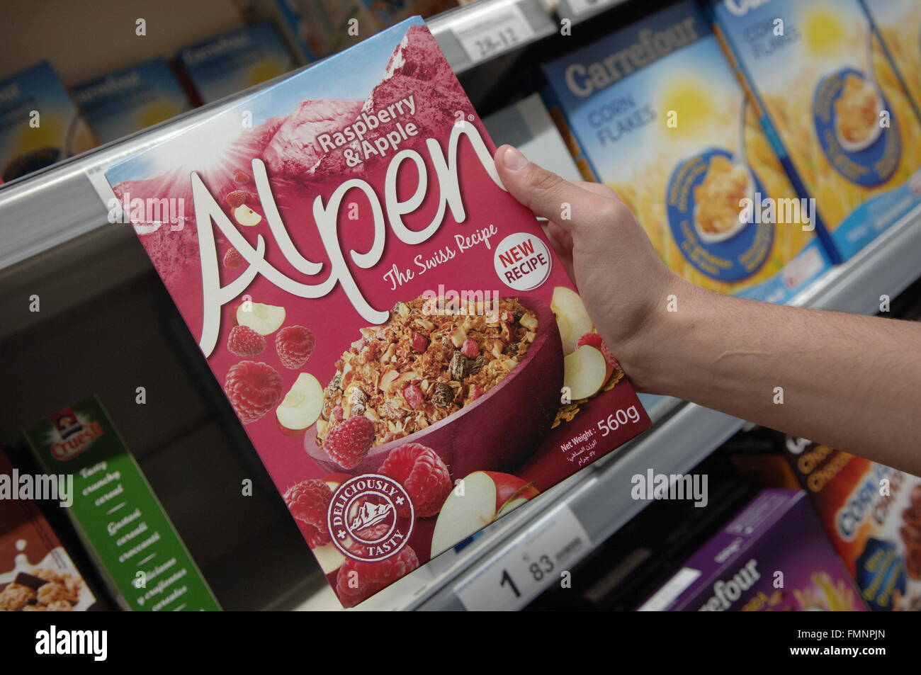 Alpen Raspberry and Apple Cereal Box on sale in a Carrefour Supermarket ...