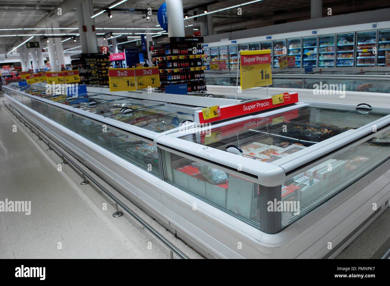 Frozen Food section in a Carrefour Supermarket Malaga Spain. Stock Photo