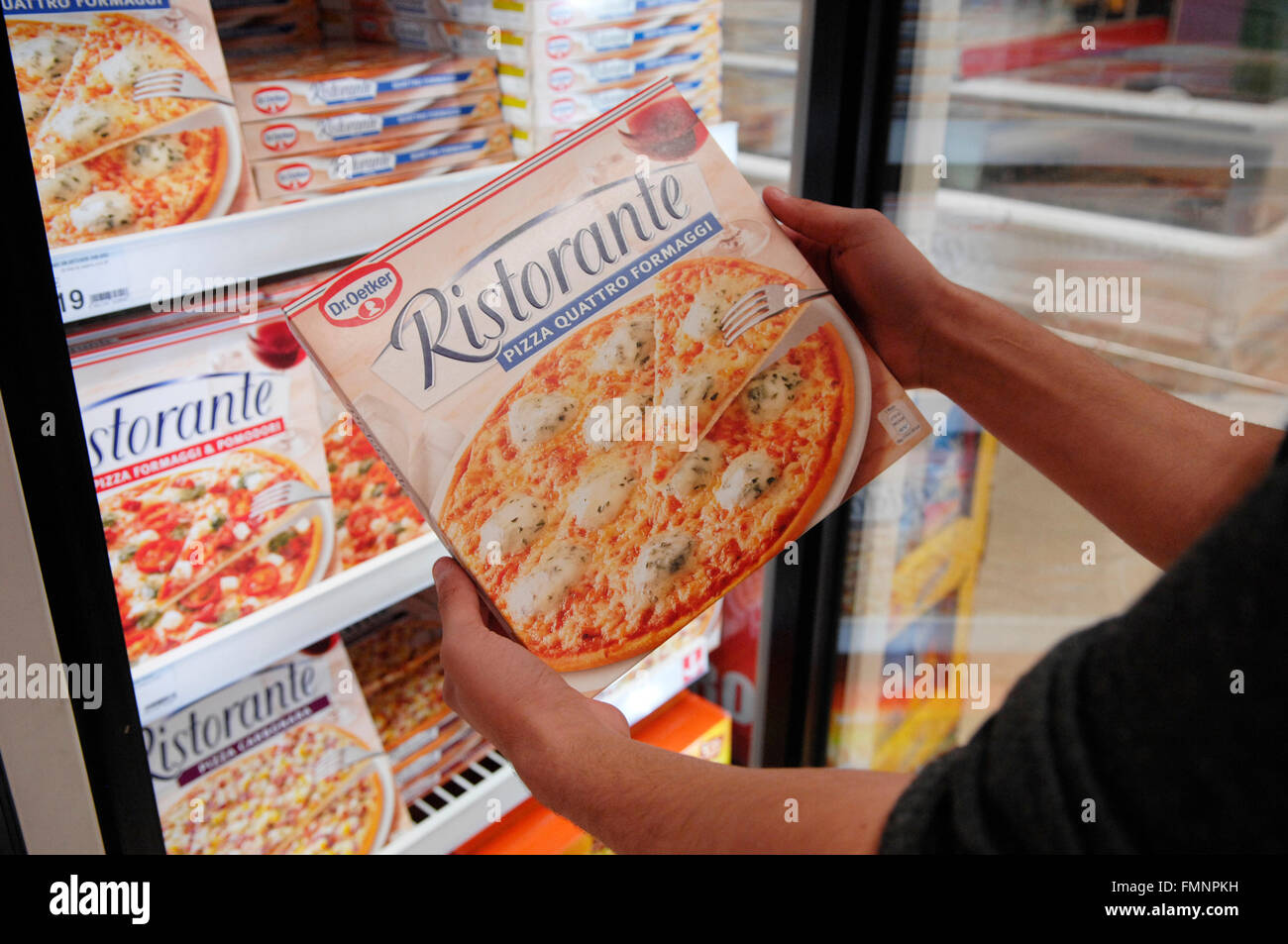 A image of Ristorante pizza's that are solt in supermarkets,ranges from tomato and cheese too spinach and ricotta Stock Photo