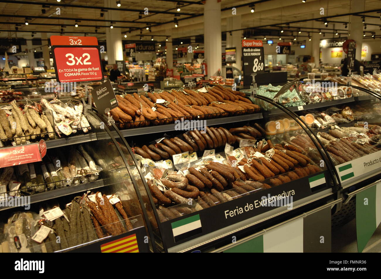 Sausages on display in a supermarket in Malaga Stock Photo Alamy