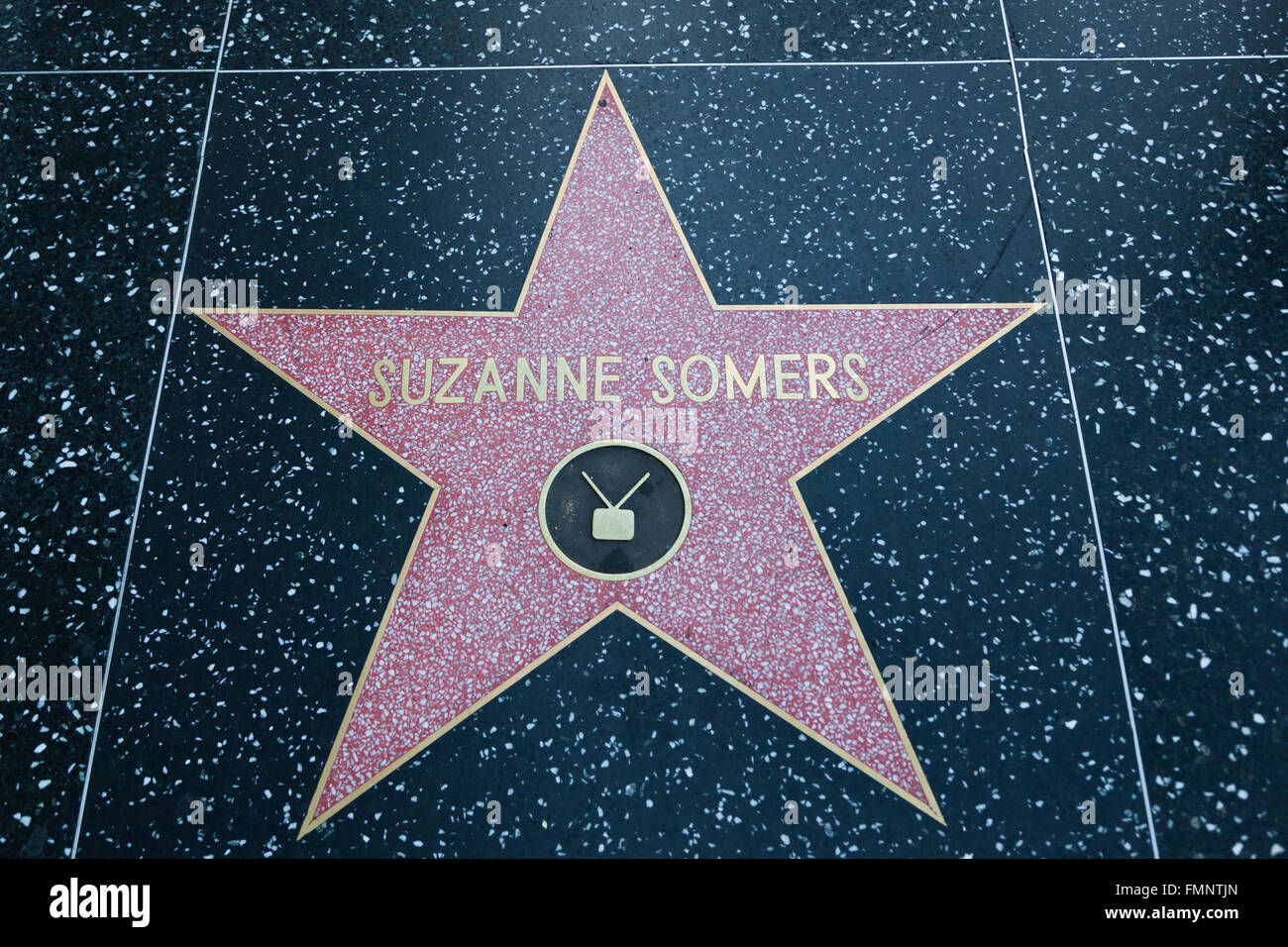 HOLLYWOOD, CALIFORNIA - February 8 2015: Suzanne Somers' Hollywood Walk of Fame star on February 8, 2015 in Hollywood, CA. Stock Photo