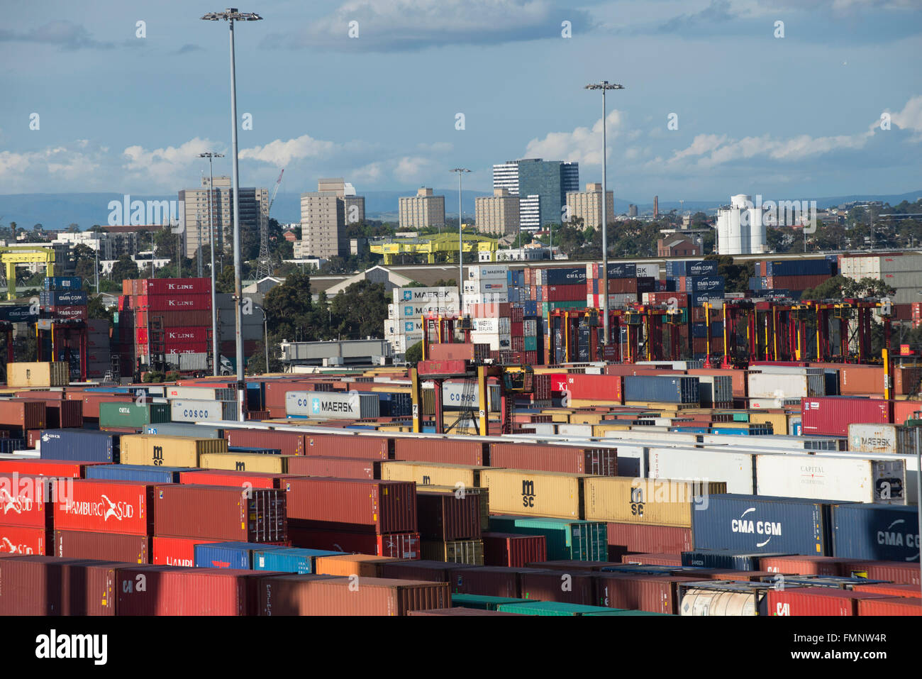 Port of Melbourne containers and Melbourne skyline. Picture taken from