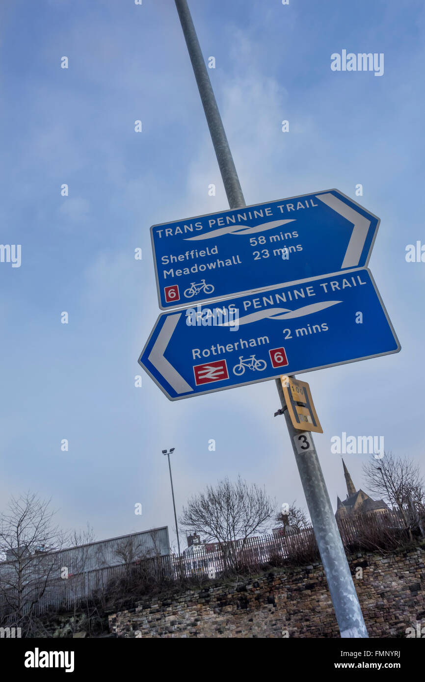 Sign for Trans Pennine Trail situated behind Rotherham United, New York Stadium. Stock Photo